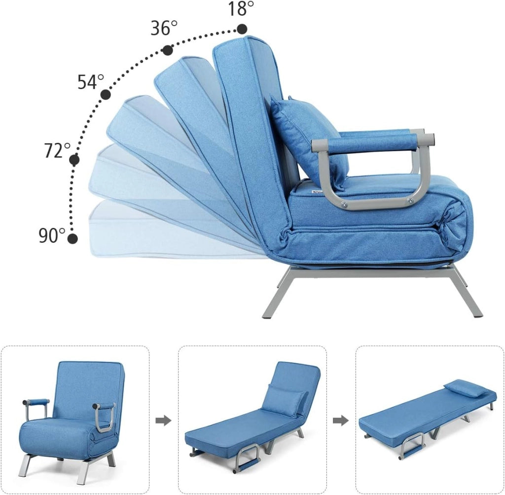 2 in 1 Poltrona Letto Pieghevole, Schienale Regolabile a 5 Livelli, con Braccioli e Cuscinetto, Chaise Longue Soggiorno, Telaio in Metallo, Carico di 150 kg, 59x78,5x83 cm, 5 Colori