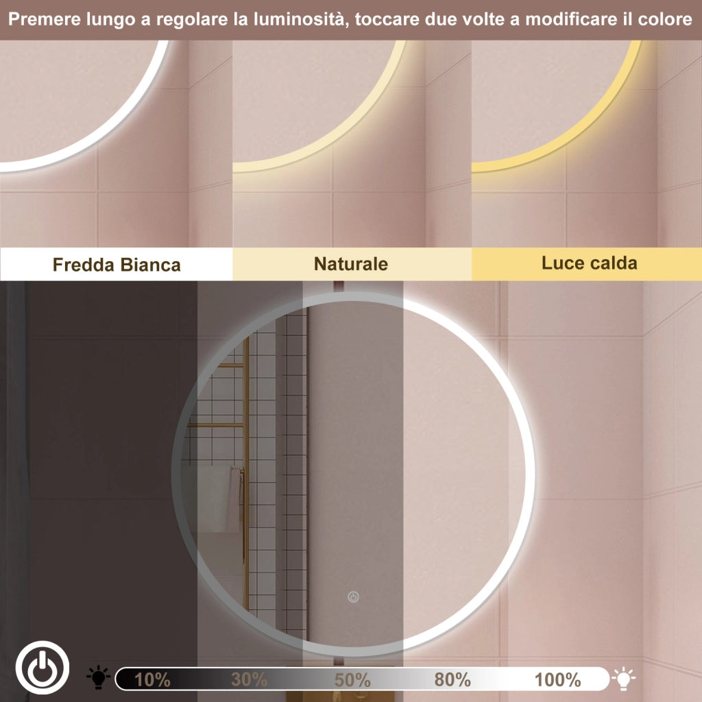 AICA Specchio da bagno 60 x 60 cm, 3 colori, antiappannamento, dimmerabile, interruttore touch, Funzione Memoria
