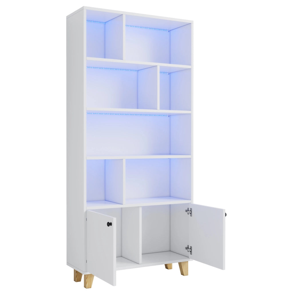 Libreria con 2 Ante e 7 Vani; LED Multicolore; Piedini in Legno Massello; in MDF; 80×30×173 cm; Bianco