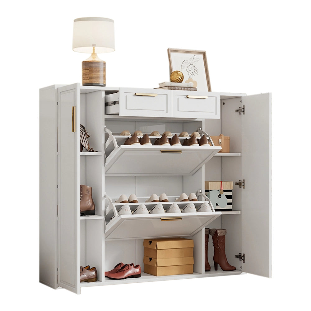 Scarpiere moderno - Xylo - L120/P24/H107 CM - Bianco - Ripiani regolabili, maniglie dorate, 2 cassetti