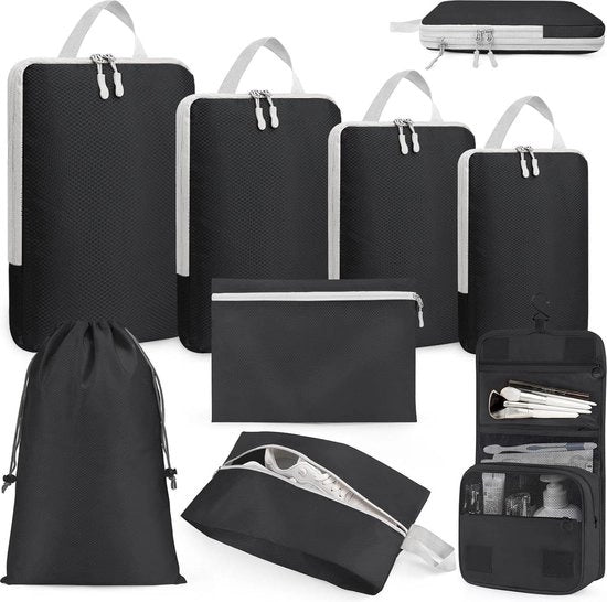 Blocco di compressione per valigie - set da 8 pezzi - organizzatori di bagagli - inclusa borsa per trucco - accessori da viaggio - nero