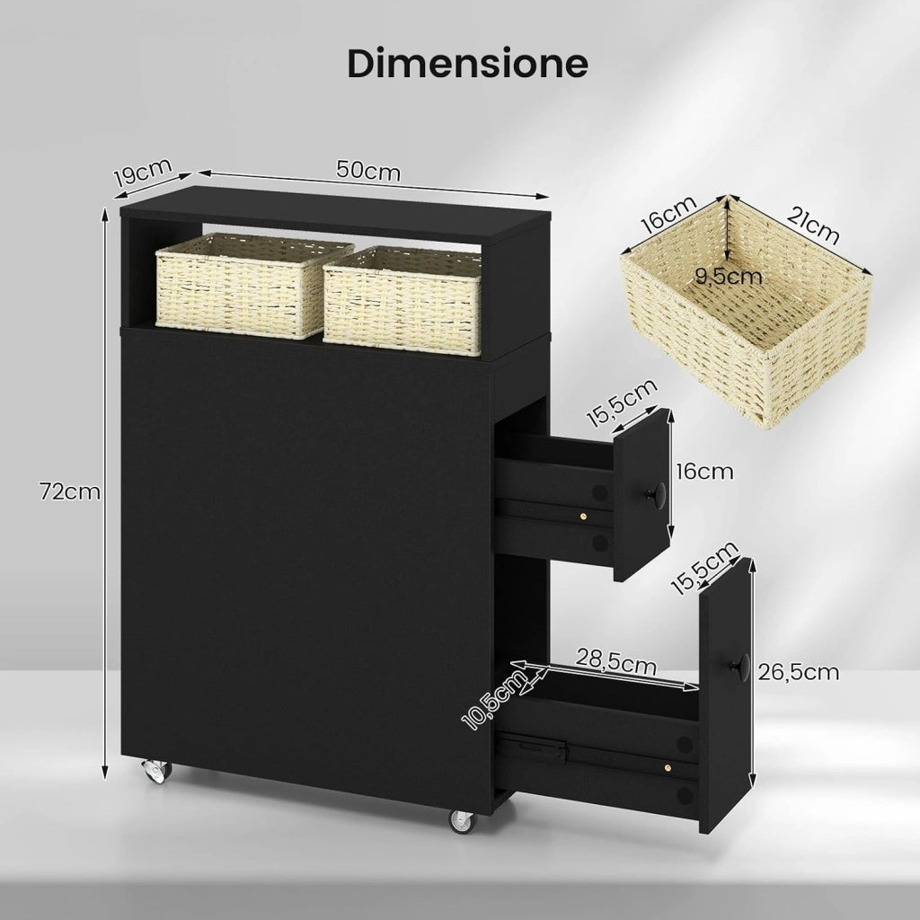 Mobile Bagno 50 x 19 x 72 cm, Arredo Salvaspazio con 2 Cassetti, 2 Cesti in Rattan, Ruote e Ripiani, Armadietto Stretto per Spazi Ridotti, Salotto e Cucina (Nero)