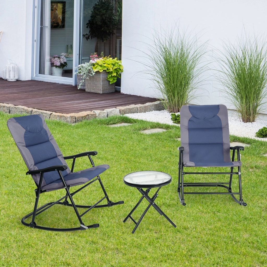 Set di 3 mobili pieghevoli da esterno per cortile spiaggia piscina, Sedie con tavolino da caff¨¨ in vetro Blu-Set mobili da esterno