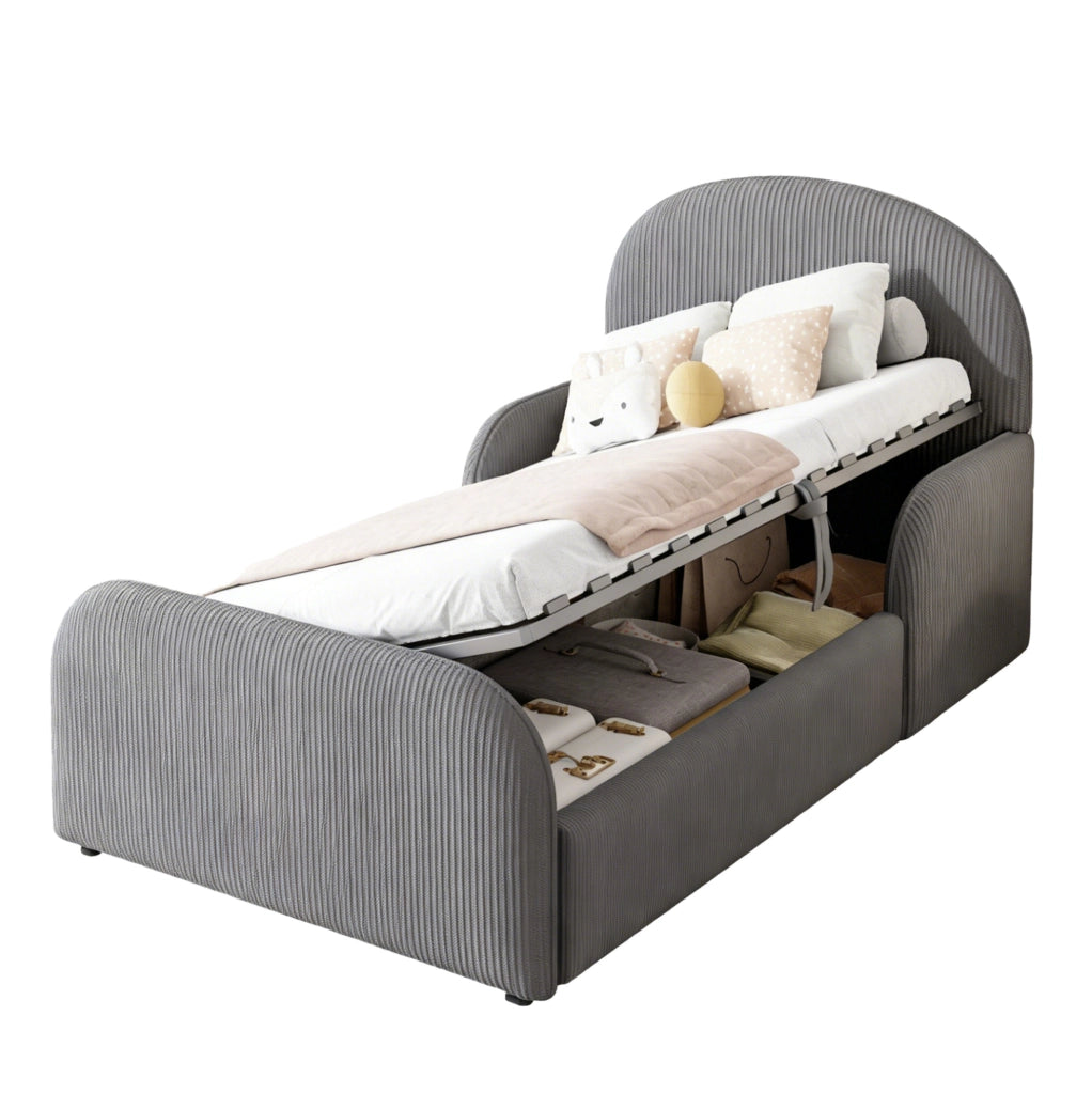 Letto imbottito per bambini con contenitore idraulico 90x200 cm in velluto grigio
