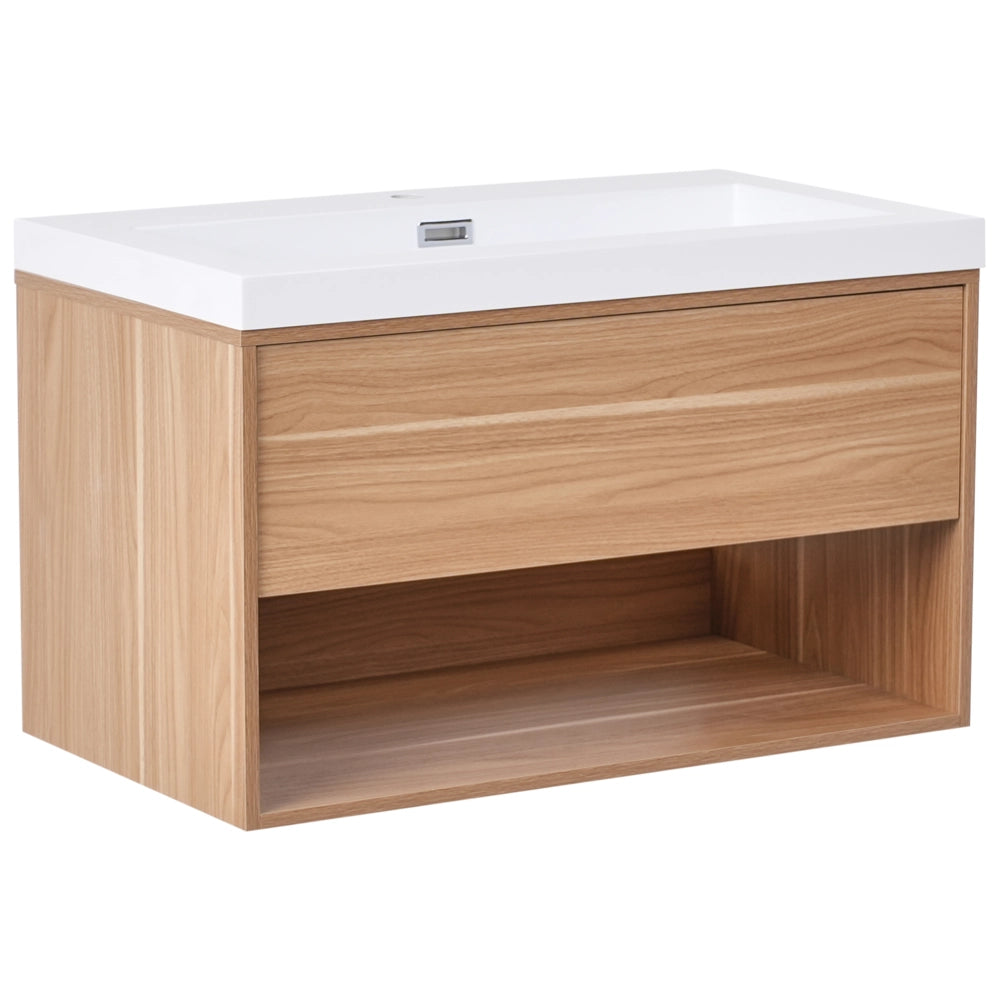 Mobile da bagno sospeso con lavabo in legno ingegnerizzato con contenitore 80 cm Marrone chiaro design moderno