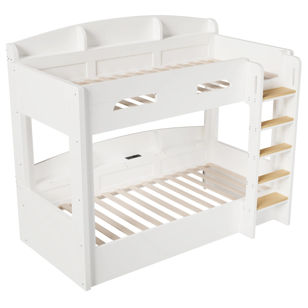 Letto a Castello 90x200 cm con USB; Mensole laterali e ripiani; Bianco