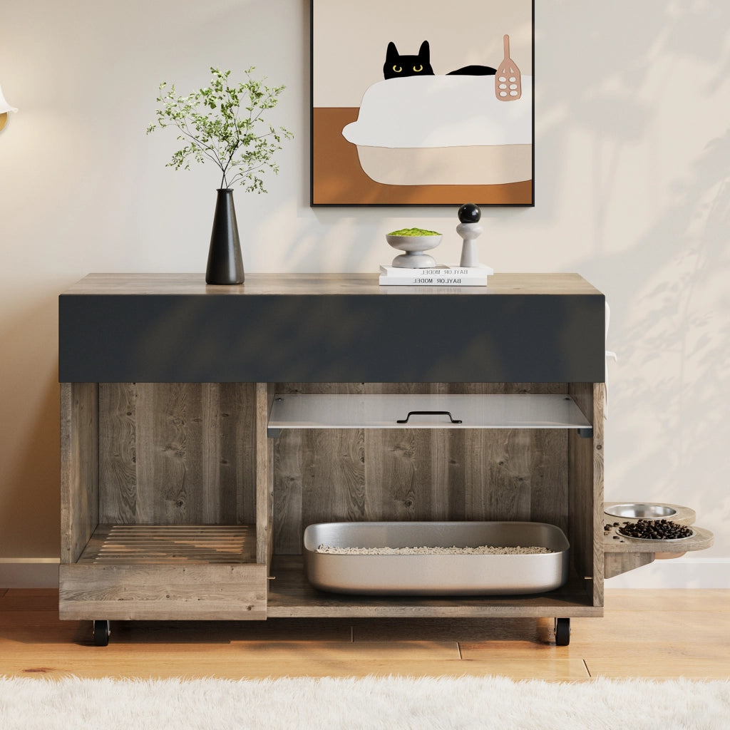Mobiletto per Lettiera Gatto con Ciotole ¨C MINIMAL ¨C Legno, Rovere/Antracite, 100x45.5x67
