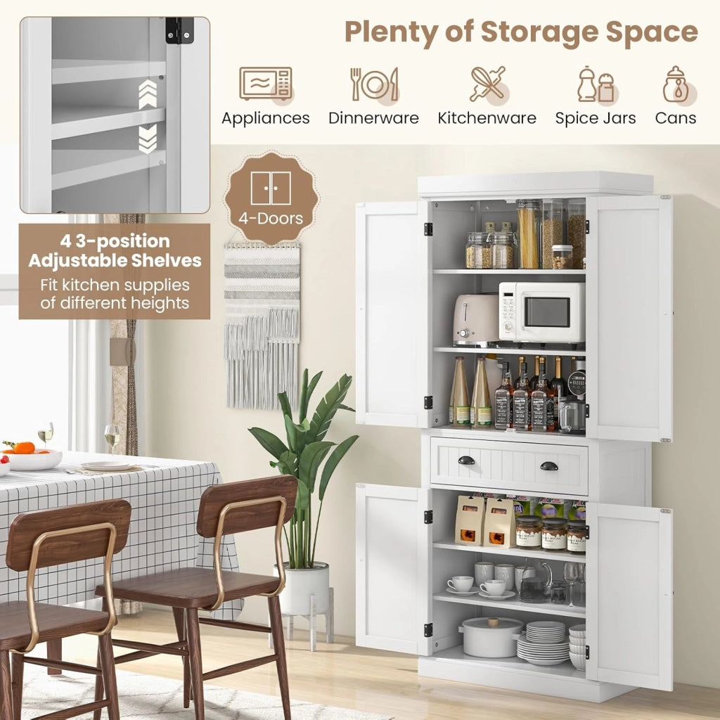 Credenza Alta da Cucina 183,5 cm, Armadio Alto a Buffet in Legno, Mobile Cucina Dispensa con Ripiani Regolabili e Cassetto, per Soggiorno, Sala da Pranzo, 76 x 40 x 183 cm (Bianco)