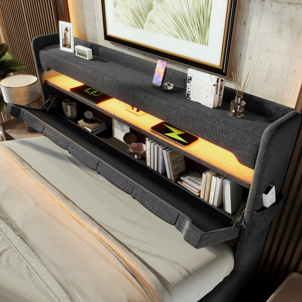 Letto matrimoniale 180x200 cm con contenitore idraulico; LED 360°; USB e Type-C; grigio