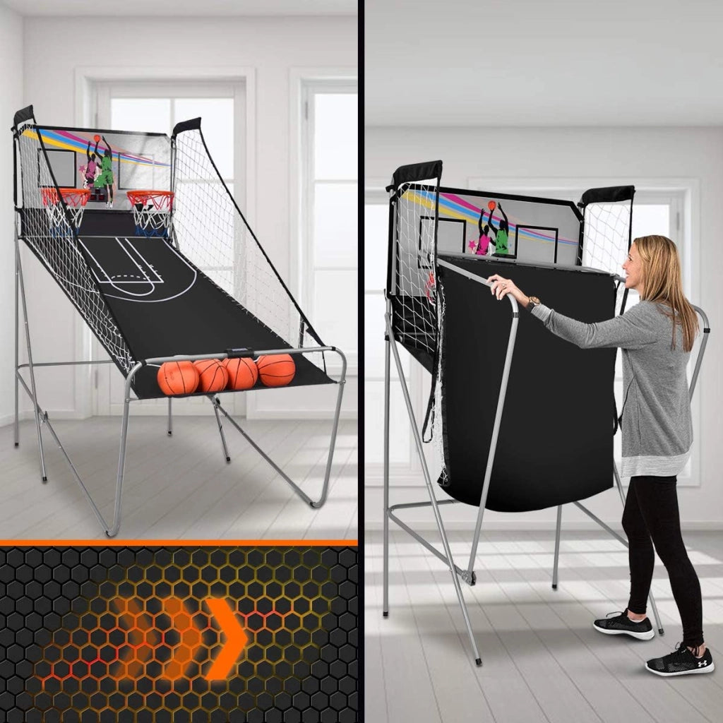 Macchina da Pallacanestro Elettronica, Canestro Basket da Camera a Doppio Tiro Pieghevole con Punteggio Elettronico, 4 Palle, 8 Modalità di Gioco e 2 Canestri (Grigio)