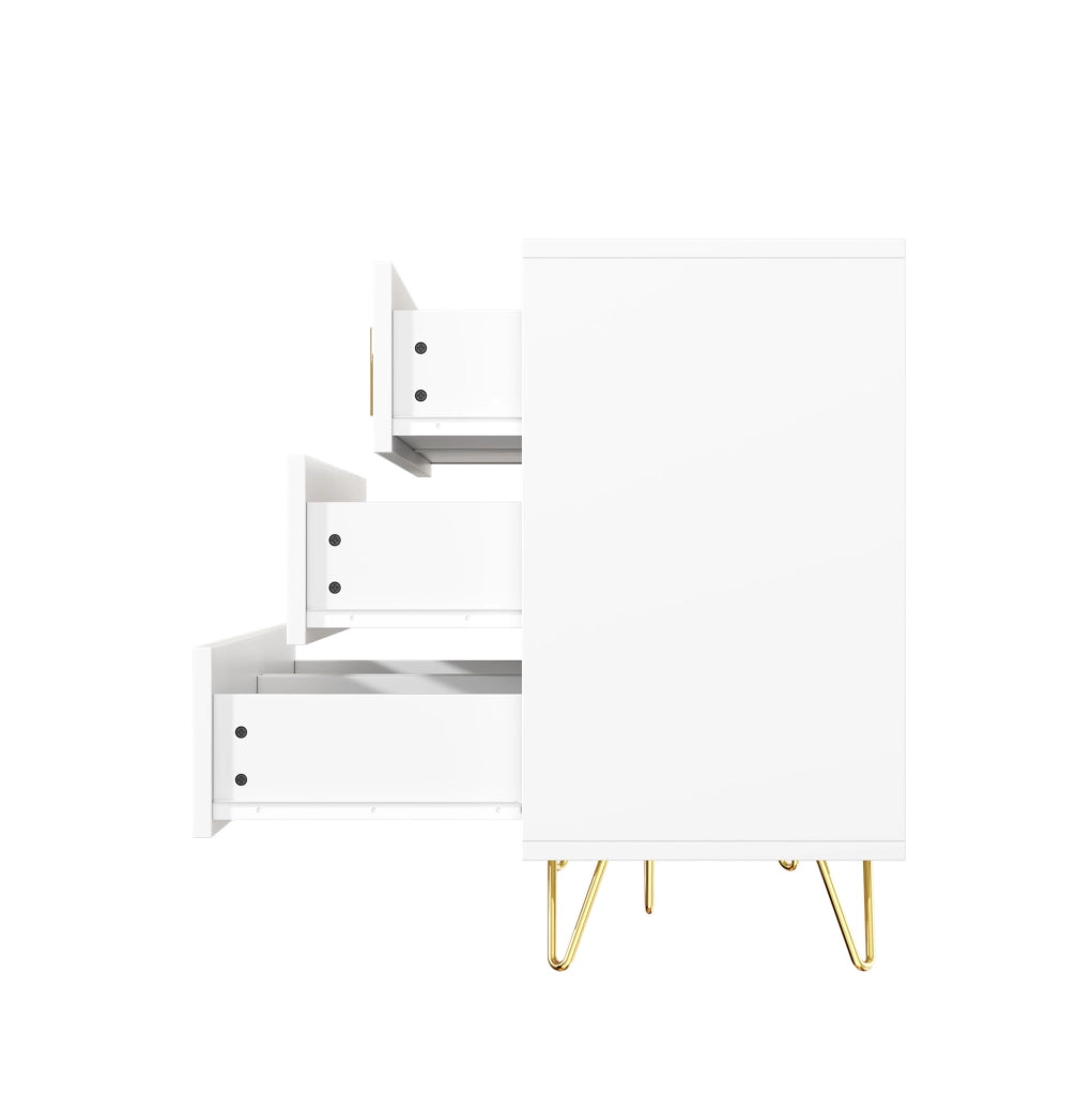 Credenza sideboard moderna 120 x 77 x 40 cm con 6 cassetti; bianco e oro in truciolare