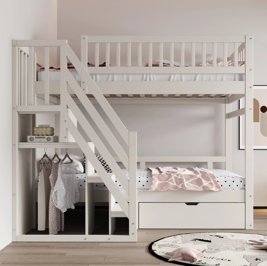 Letto a castello 90x200 cm con scala contenitore e cassetto