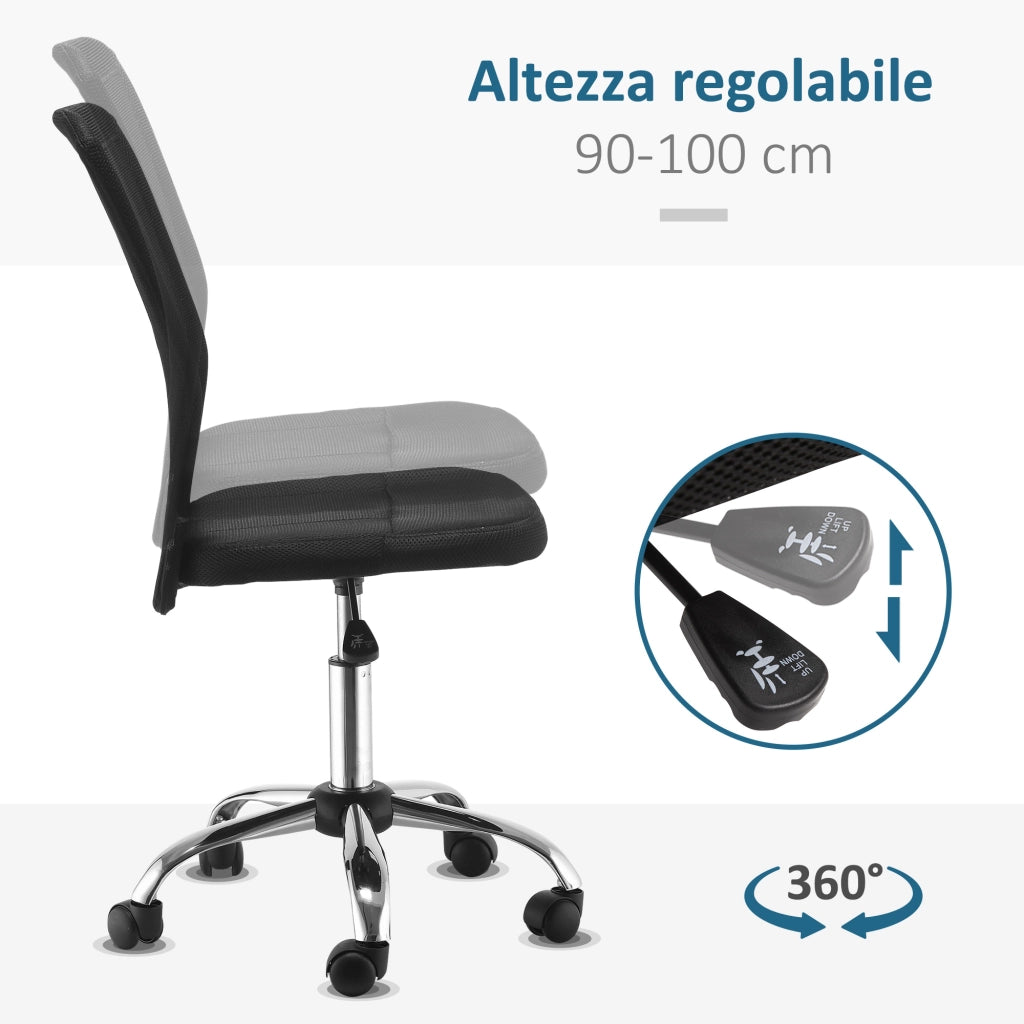EasyComfort Sedia da Ufficio Ergonomica Senza Braccioli, Sedia per Scrivania in Tessuto Traspirante a Rete, Altezza Regolabile e 5 Ruote, 43x58x90-100 cm, Nero