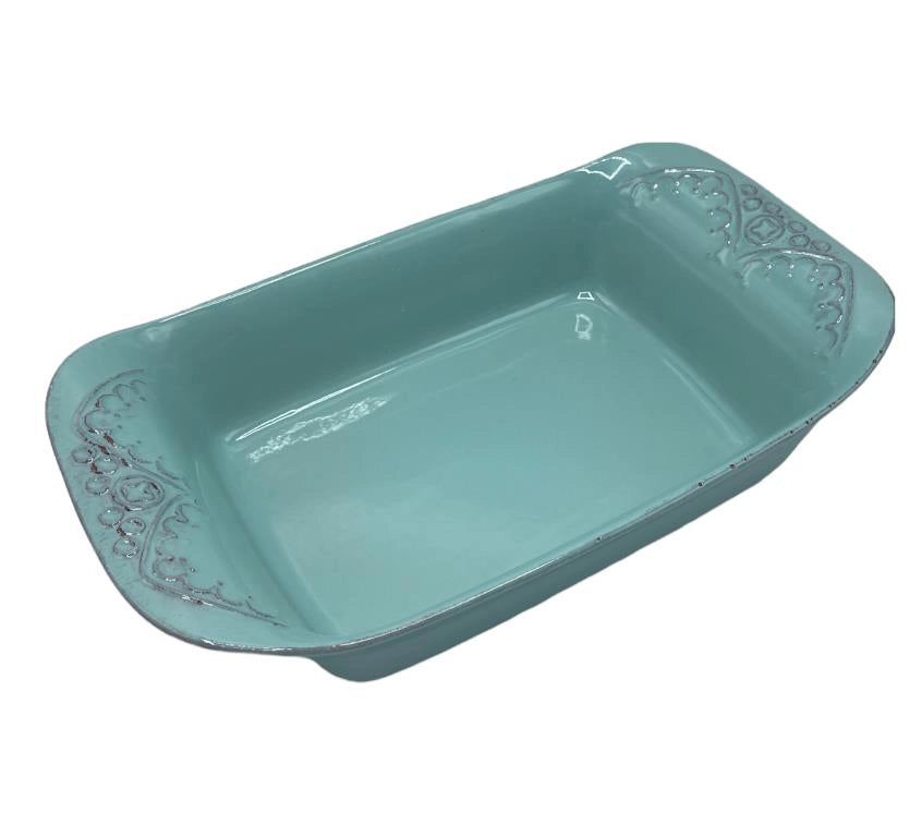 Insalatiera Pirofila Rettangolare in Ceramica Verde Acqua con Decori 35 cm