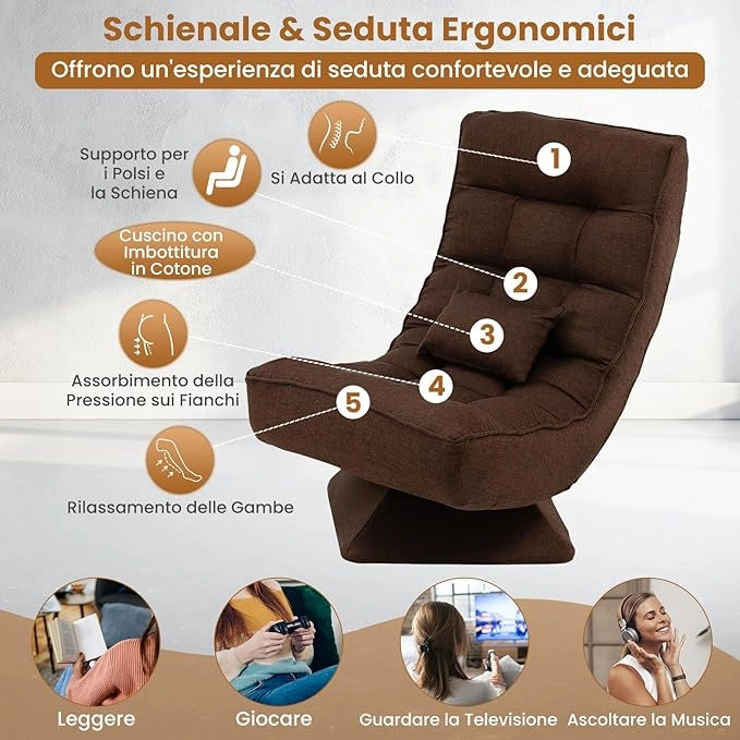 Chaise longue da Pavimento Pieghevole, Sedia da Gioco da Pavimento con Schienale Regolabile in 5 Posizioni, Divano Reclinabile da Interno (Marrone)