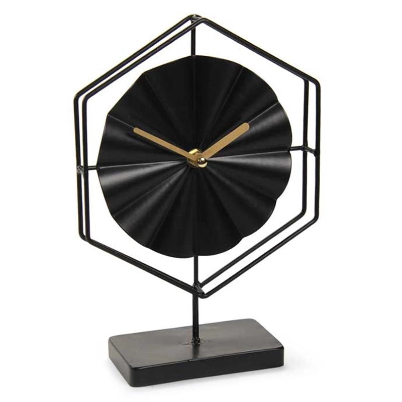 OROLOGIO DA TAVOLO ESAGONALE IN METALLO BRILLANTE BASE IN LEGNO NERO 25 CM