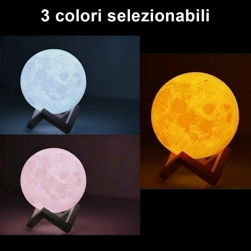 Trade Shop - Lampada Da Tavolo Luna 18cm Luce Led 3 Colori Moon Lamp A Batteria Con Supporto -