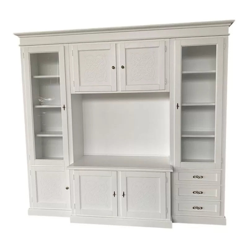 Parete attrezzata porta tv shabby legno bianco anticato con rilievo 250x53x225 - Mobili 2G