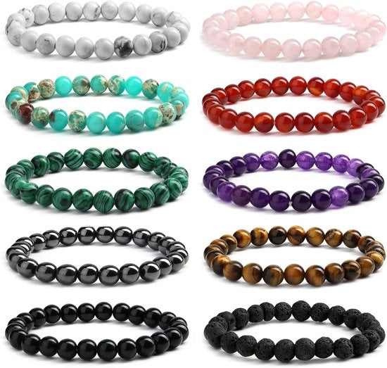 Armbandi Naturale con Edelstelle per Uomo e Donna - Kwarts Rosa, Ametista, Tijgeroog, Obsidiana, Agata Rossa, Turquesa, Lavastone - Set di 10 Armbandi Adattabili - Accessori da Donna