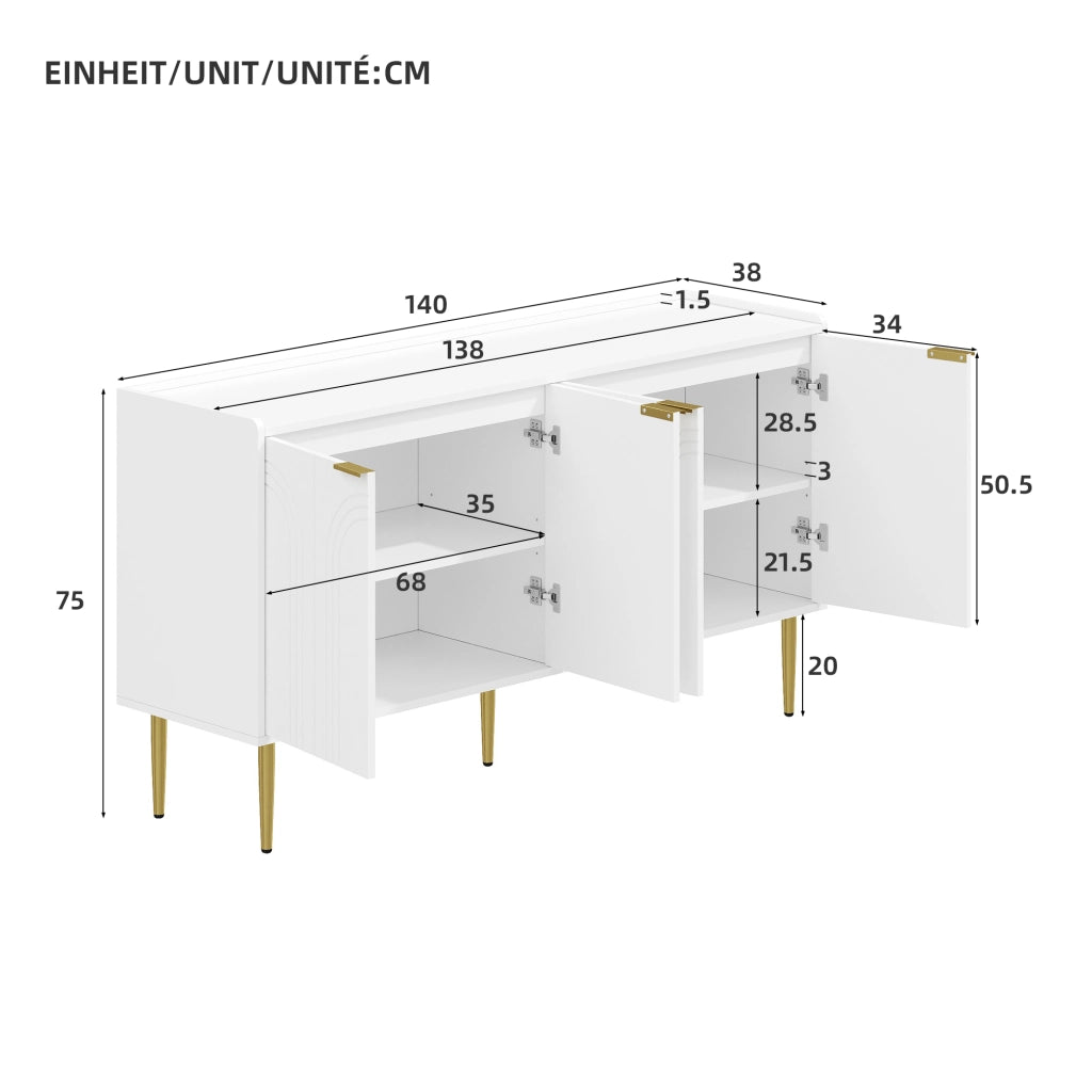 SIDEBOARD 140x38x75 cm MDF Bianco con 4 ante e ripiani regolabili