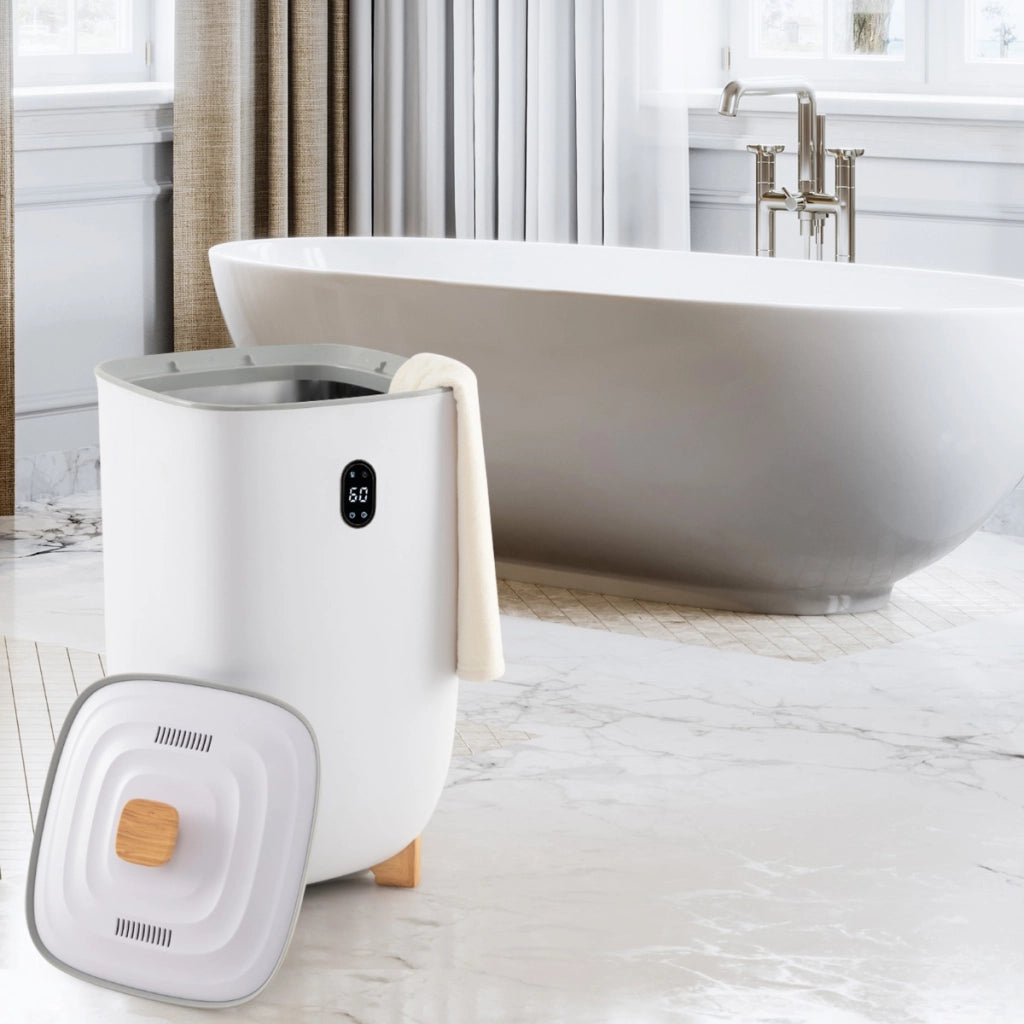 Secchio scaldasalviette con timer da 20-90 minuti e modalit¨¤ asciugatura 2-5 ore, Secchio scaldasalviette grande da 35l Bianco-Portasciugamani