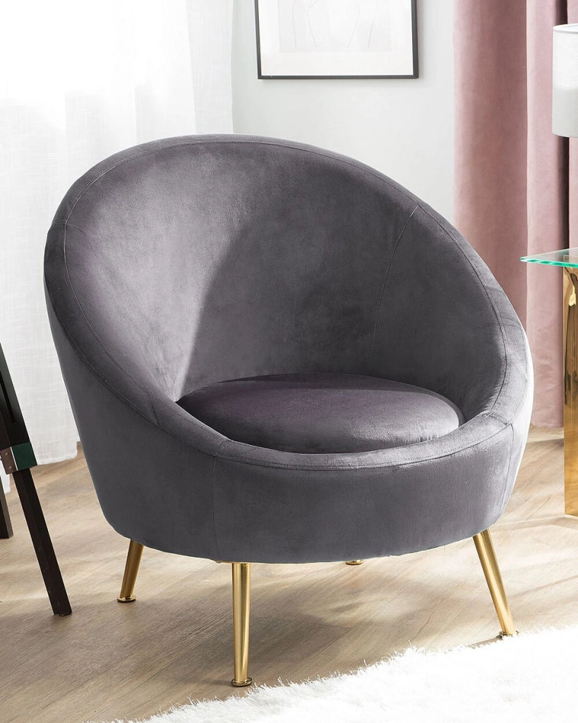Sedia a pozzetto Velluto grigio 76L x 80W x 81H cm Gambe dorate Glam Retro