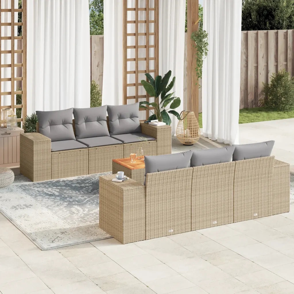 Set Divani da Giardino 7 pz con Cuscini Beige in Polyrattan