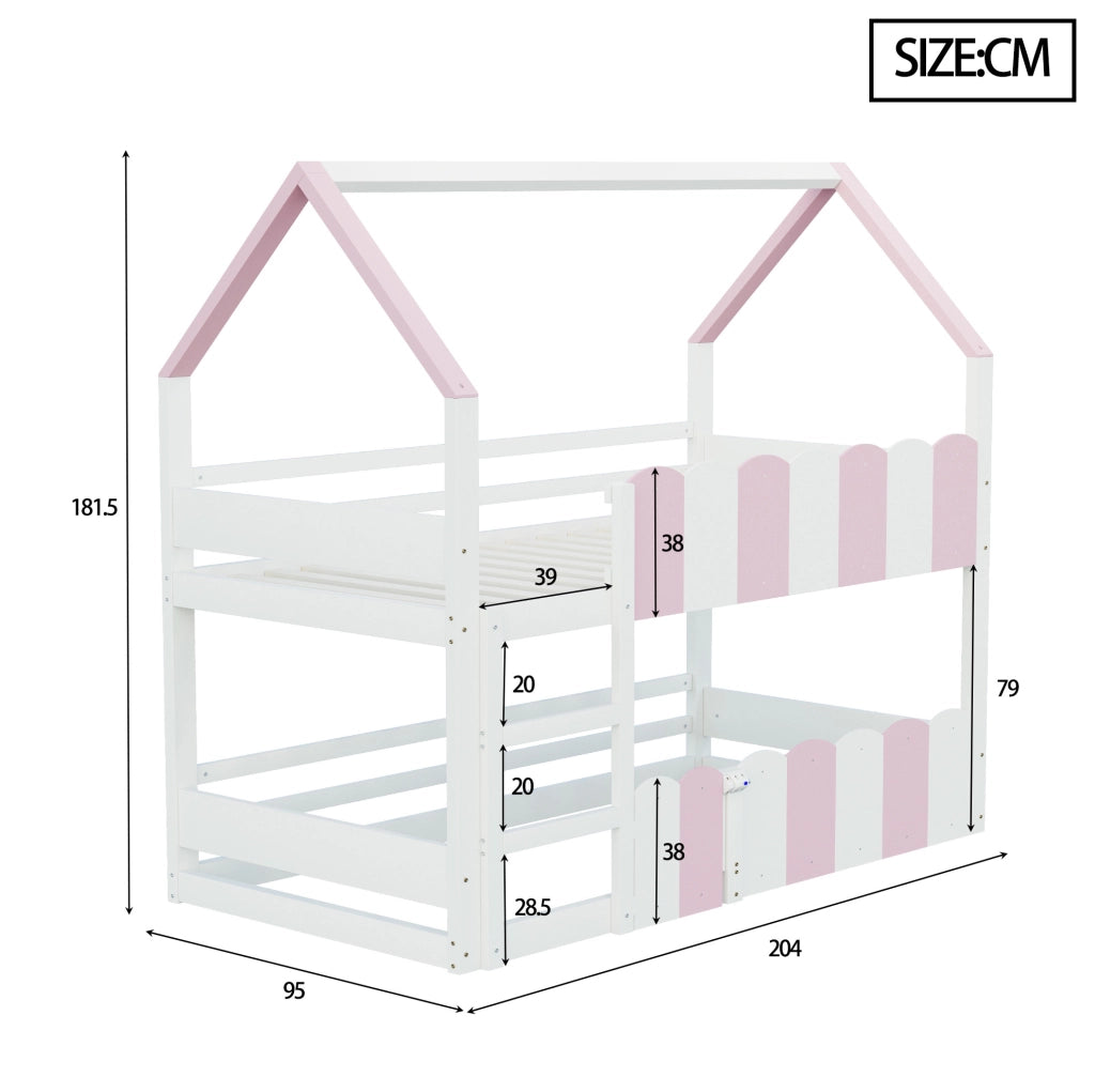 Letto a castello per bambini 90x200 cm a forma di casa rosa e bianco
