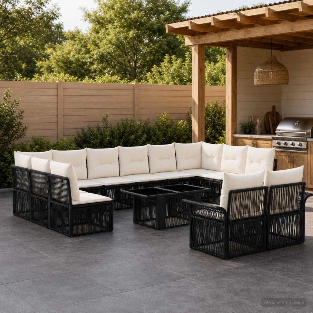 Set Divano da Giardino 13 pz Nero e Bianco Crema polyrattan 3436705