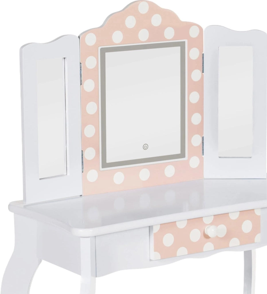 Tavolino per bambini a LED bianco e rosa ROZA con 3 specchi e sgabello