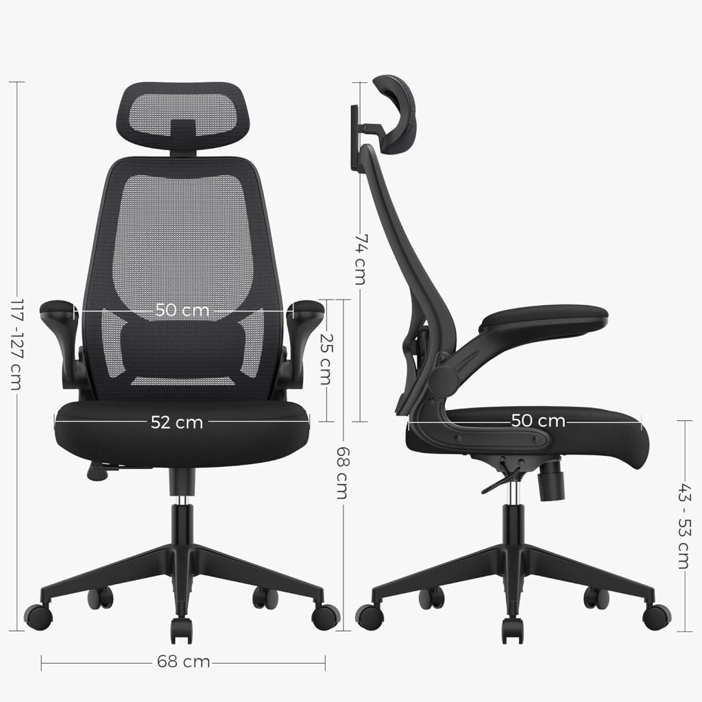 SONGMICS Poltrona da ufficio, sedia ergonomica, seduta girevole, braccioli e poggiatesta regolabili, in tessuto traspirante, altezza regolabile, nero OBN087B01