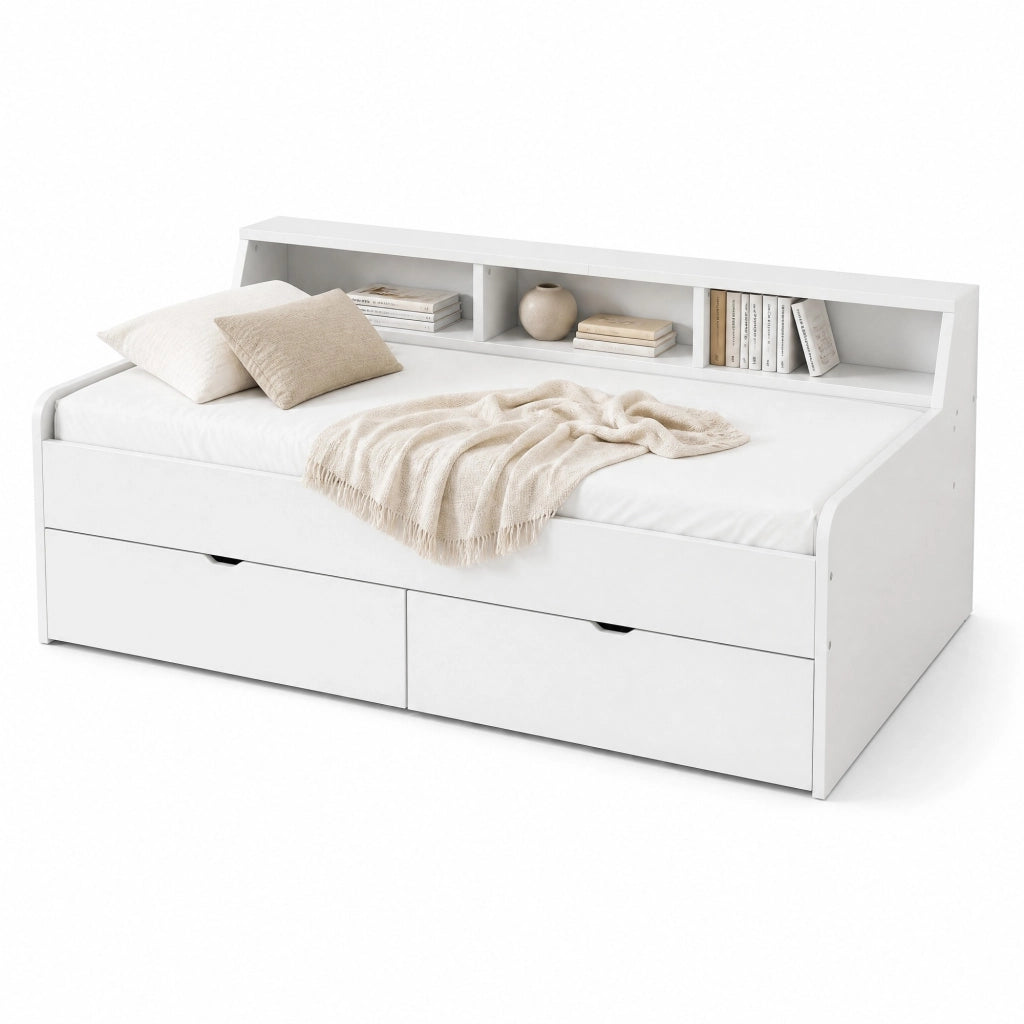 Letto singolo con 2 cassetti e vani portaoggetti 90x200 cm; bianco