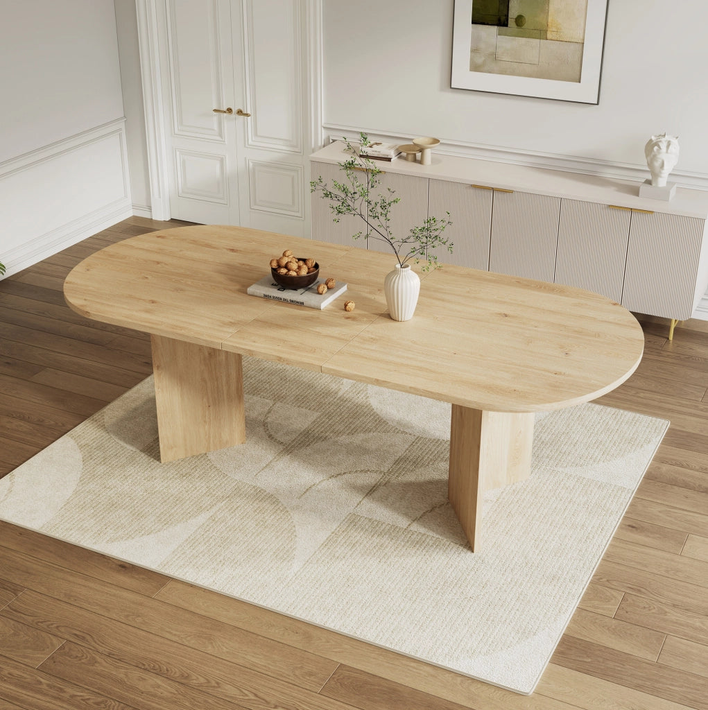 Tavolo da pranzo allungabile in MDF colore rovere; piano spesso 18 mm; 4-8 posti