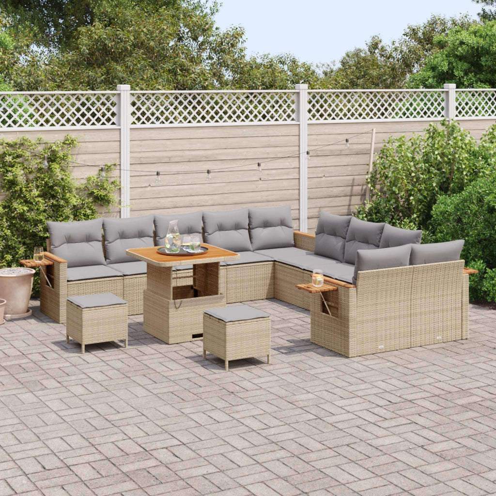 Set di Divani da Giardino in 13 Pezzi con Cuscini Beige Rattan Polimerico Acacia