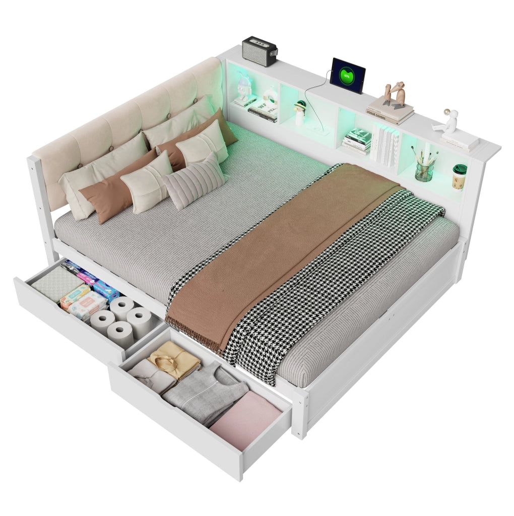 Letto daybed 140x200 cm con 2 cassetti, mensola laterale, LED dimmerabile e USB