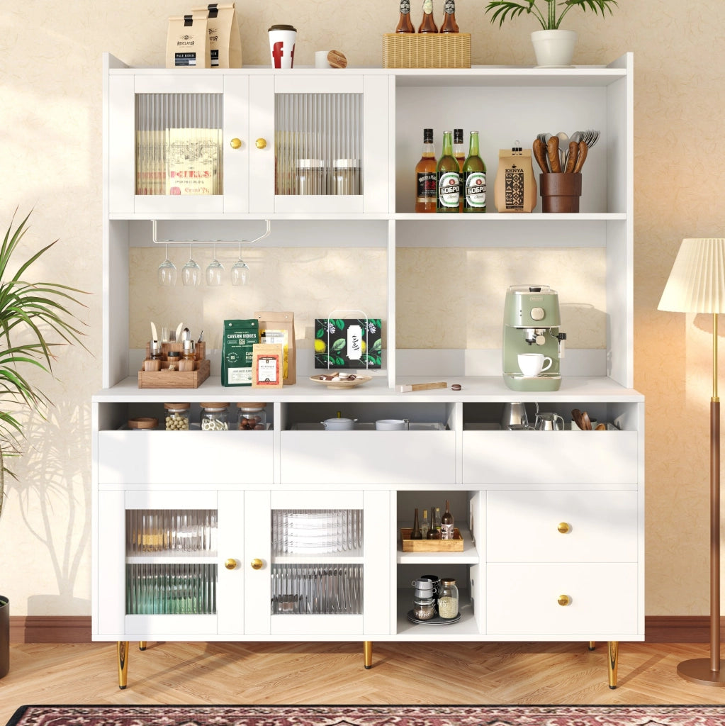 Credenza 145x39x171 cm con porte in vetro; portabottiglie e ampio spazio contenitivo in MDF bianco