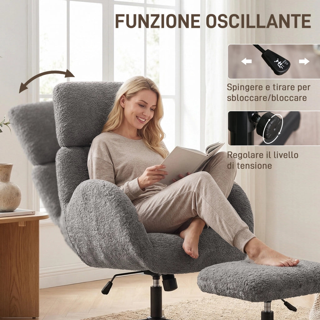 Poltrona Girevole 71x70x100-108 cm con Poggiapiedi con Poggiatesta Regolabile Funzione Dondolo in Velluto Grigio