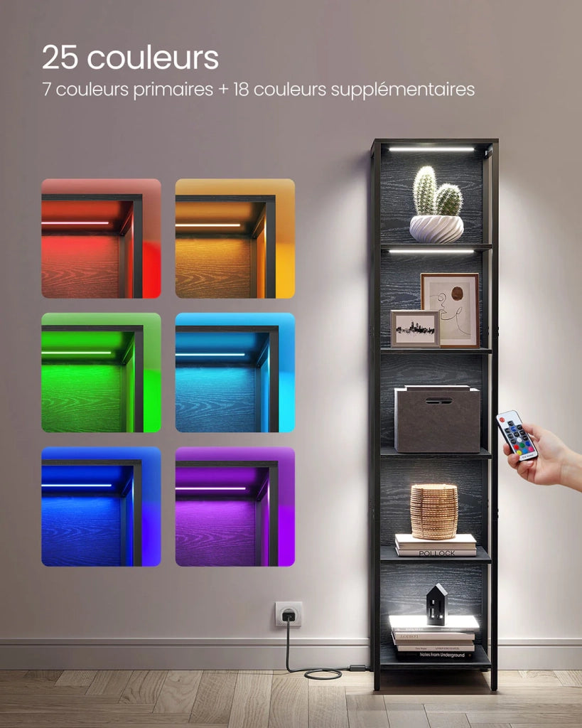 Libreria a LED a 6 ripiani con luce regolabile unità di archiviazione con struttura in acciaio 303 x 60 x 178,6 cm per soggiorno camera da letto ufficio finitura in legno nero 12_0004275