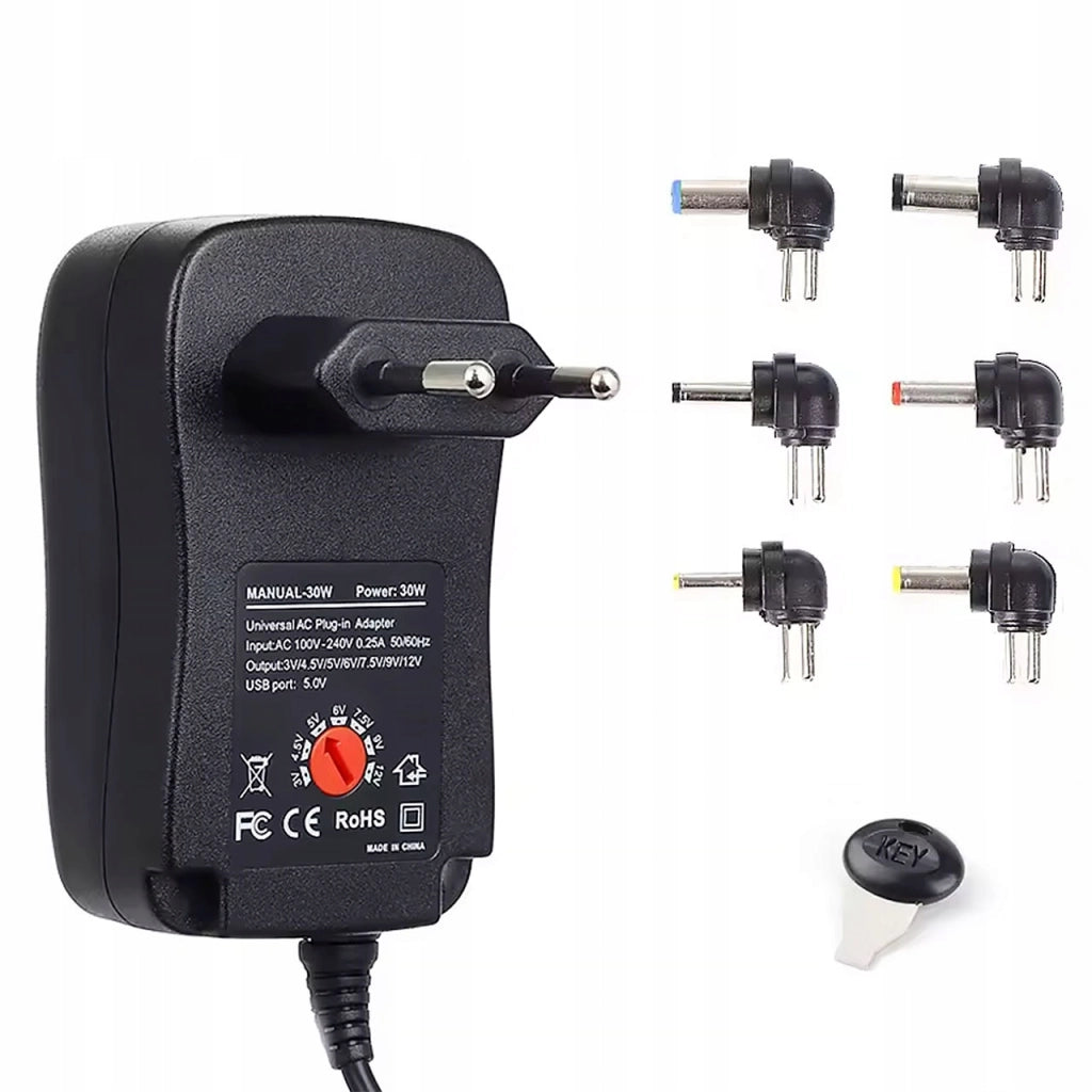 Alimentatore Universale DC 30W – Regolabile 3–12V, 1.2A | 6 Connettori Elbow, USB | Compatto, Certificato CE, FCC, RoHS