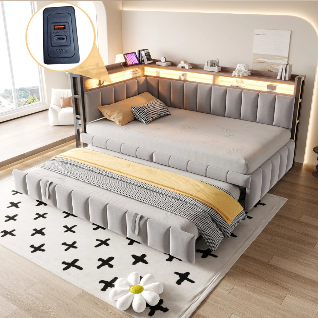 Letto estraibile singolo 90×200 cm con LED; ripiani; USB e type-C; senza materasso; tessuto; grigio