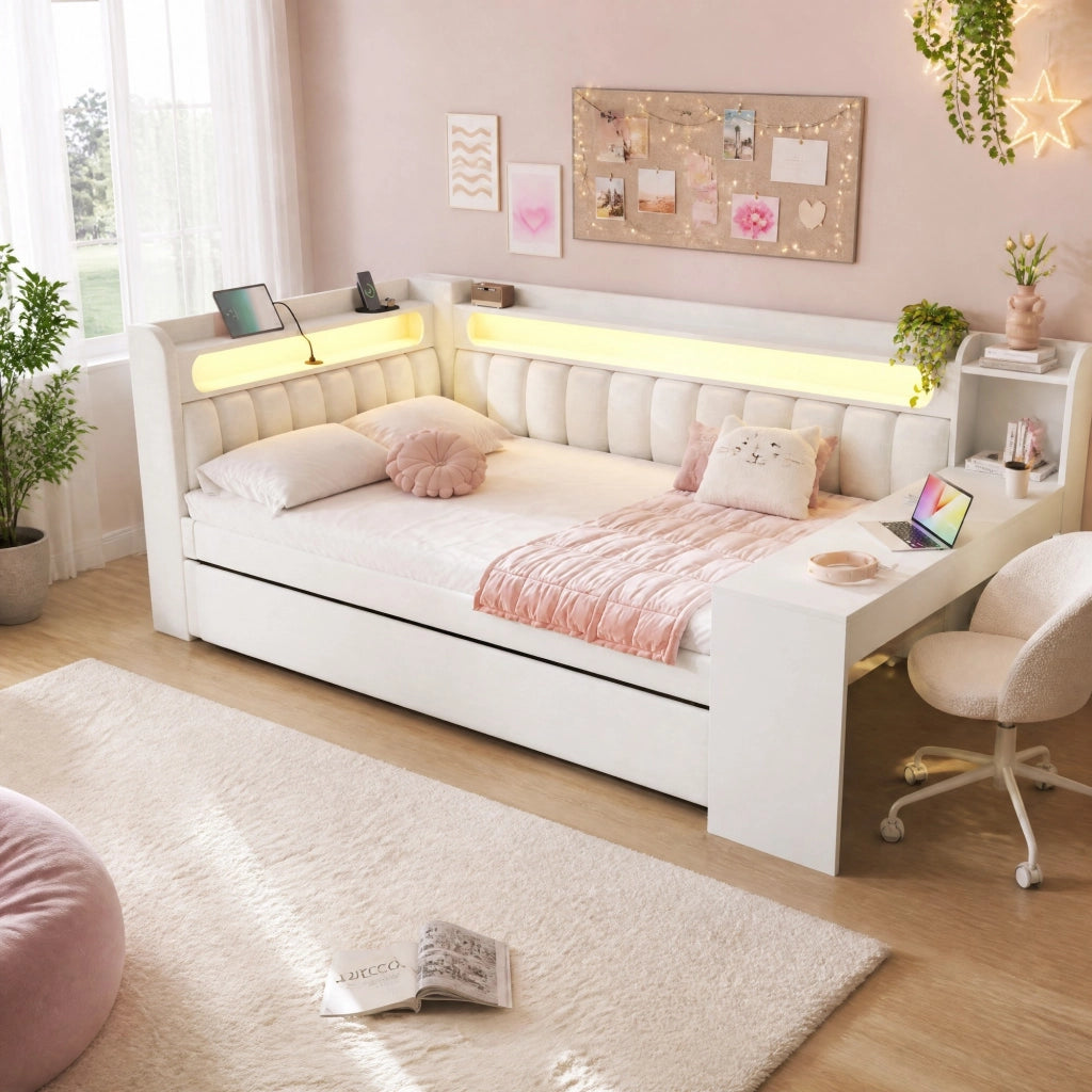 Divano letto 140x200 cm con letto estraibile; USB; LED e scrivania integrata; bianco