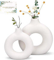 Set di 2 Vasi in Ceramica Bianca a forma di Donut Realizzati a mano per la Decorazione con Pannocchie Moderne - Per soggiorno, camera da letto, ufficio, camino, libreria.