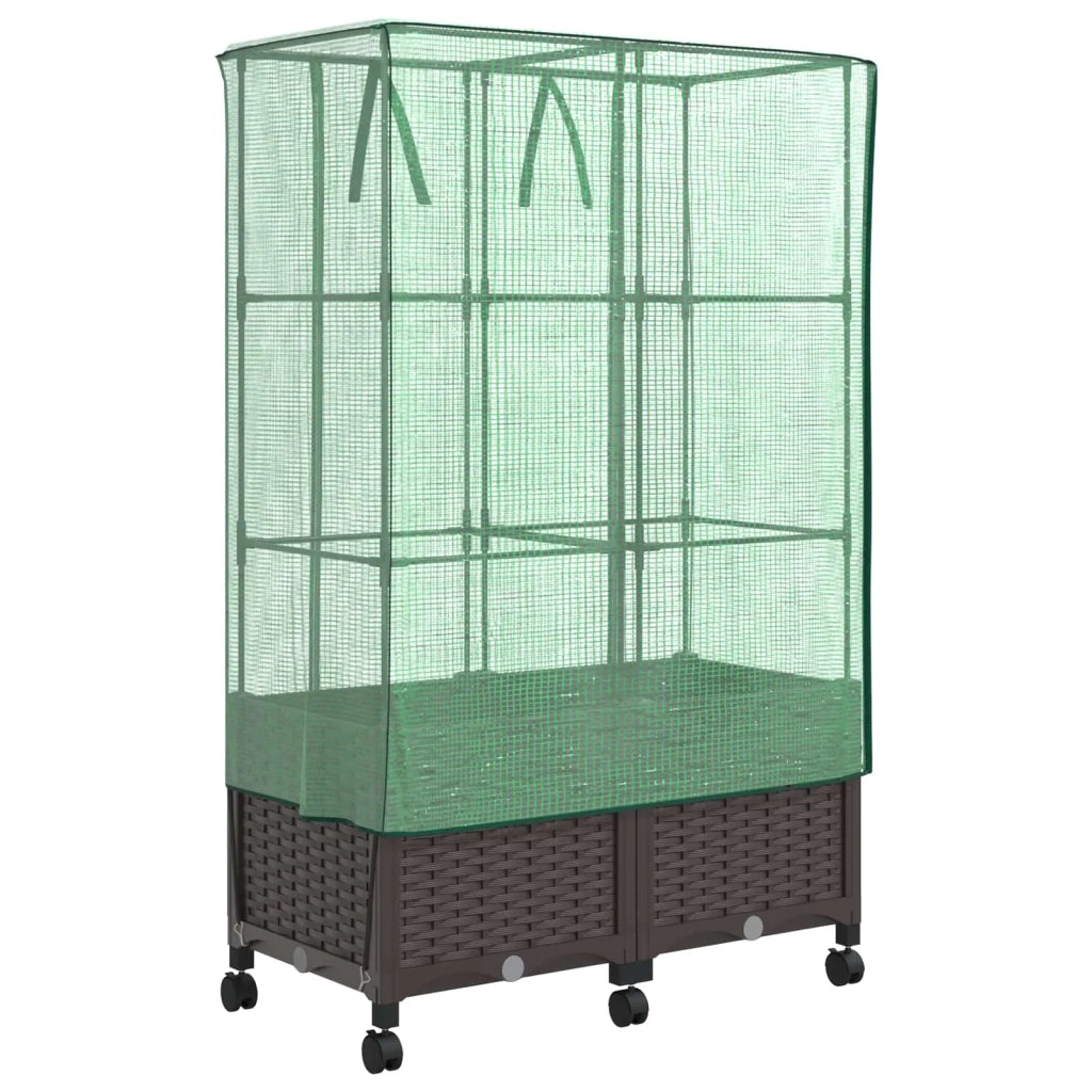 Vaso da Giardino con Copertura per Serra e Ruote 2 pz Marrone 3422979