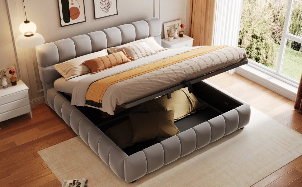 OKWISH Letto Contenitore 140×200 cm, Letto Matrimoniale con Contenitore Idraulico e Testiera Imbottita, senza Materasso, in Velluto, Grigio