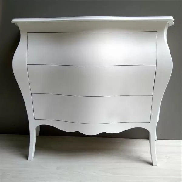 Gruppo 1 cassettiera 2 comodini bombati legno shabby bianco maniglia cromata - Mobili 2G