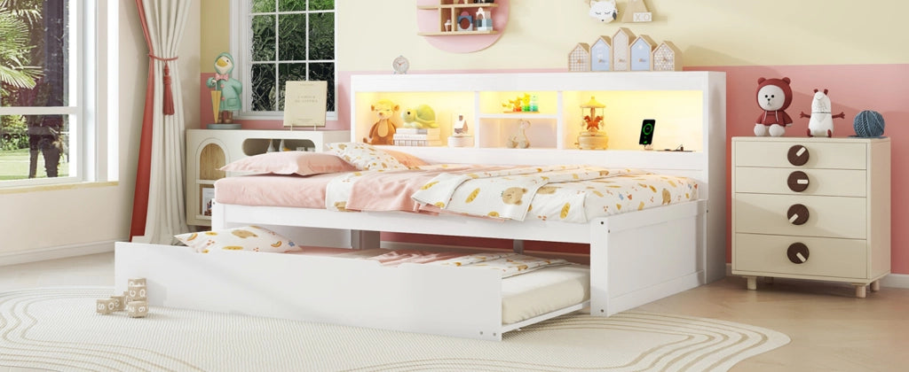 DESMIU Letto divano 90 × 200 cm 1 posto con luce LED, presa, USB e vano laterale, senza materasso, bianco