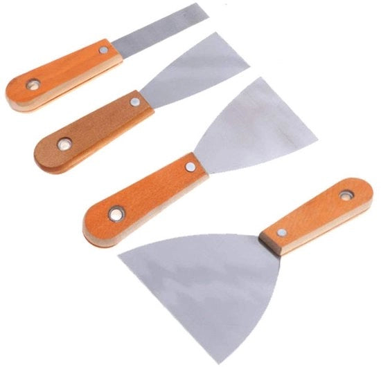 Schraper per pareti 4 pezzi - Schraper per verniciatura - Schraper per vernice - Acciaio inossidabile/legno - Maniglia ergonomico - Utilizzo multifunzionale - Spatola per vernice