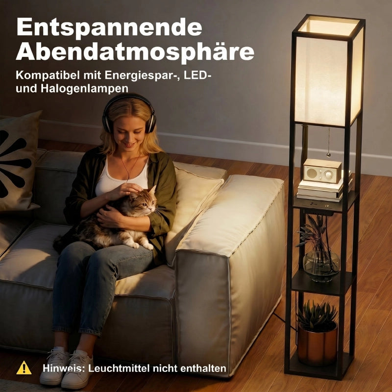 Lampada da terra a LED con ripiani, dimmerabile, interruttore a catenella e portalampade, nera
