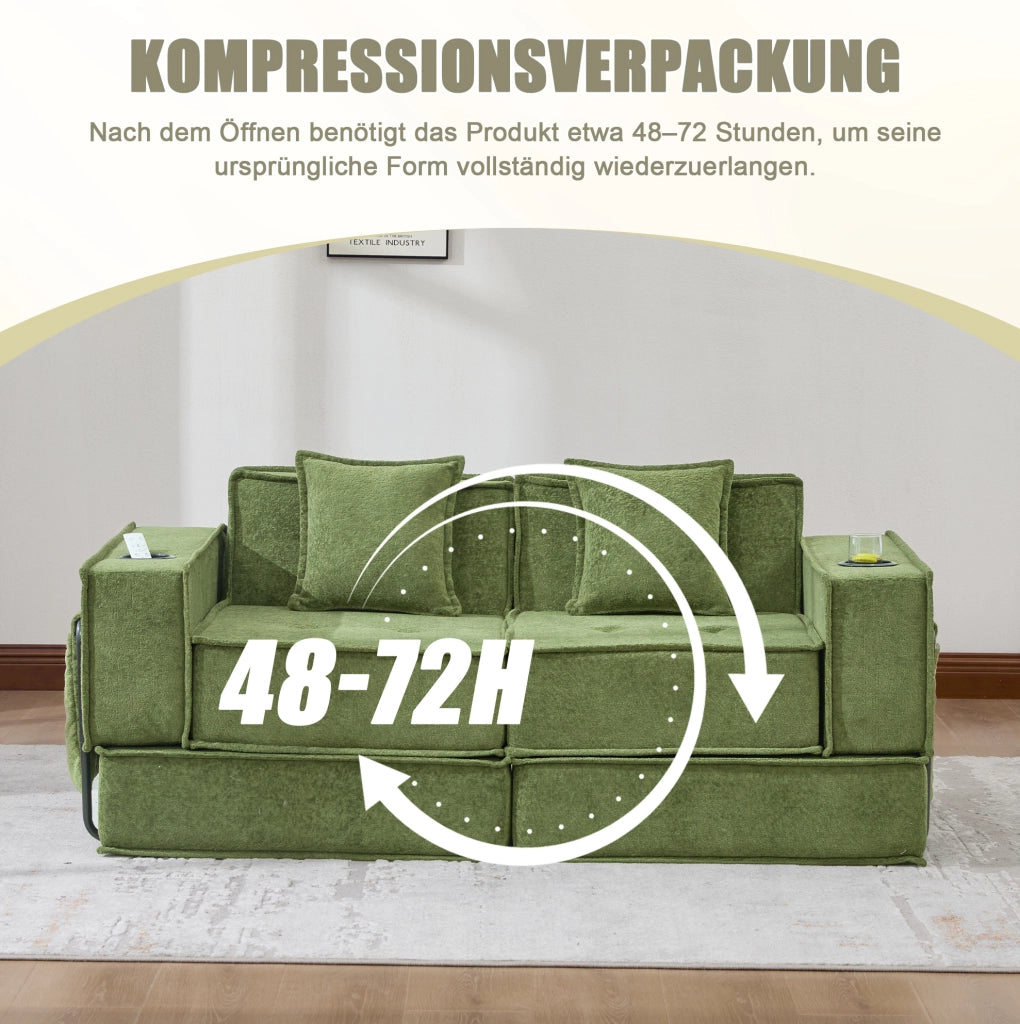 Pouf sofa modulare in ciniglia verde con 2 cuscini; 162x78x66 cm