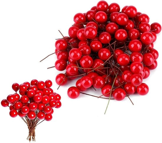 Bacche di Hulst 200 pezzi - Bacche artificiali - Accessori per corone - Decorazioni per matrimoni - Sostenibili - Filo metallico flessibile
